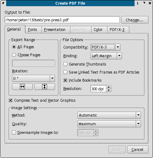 PDF Create Dialog General Tab